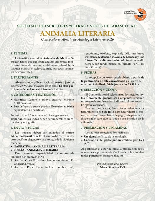 Convocatoria Antología Animalia Literaria 2026 - LVT, A.C.