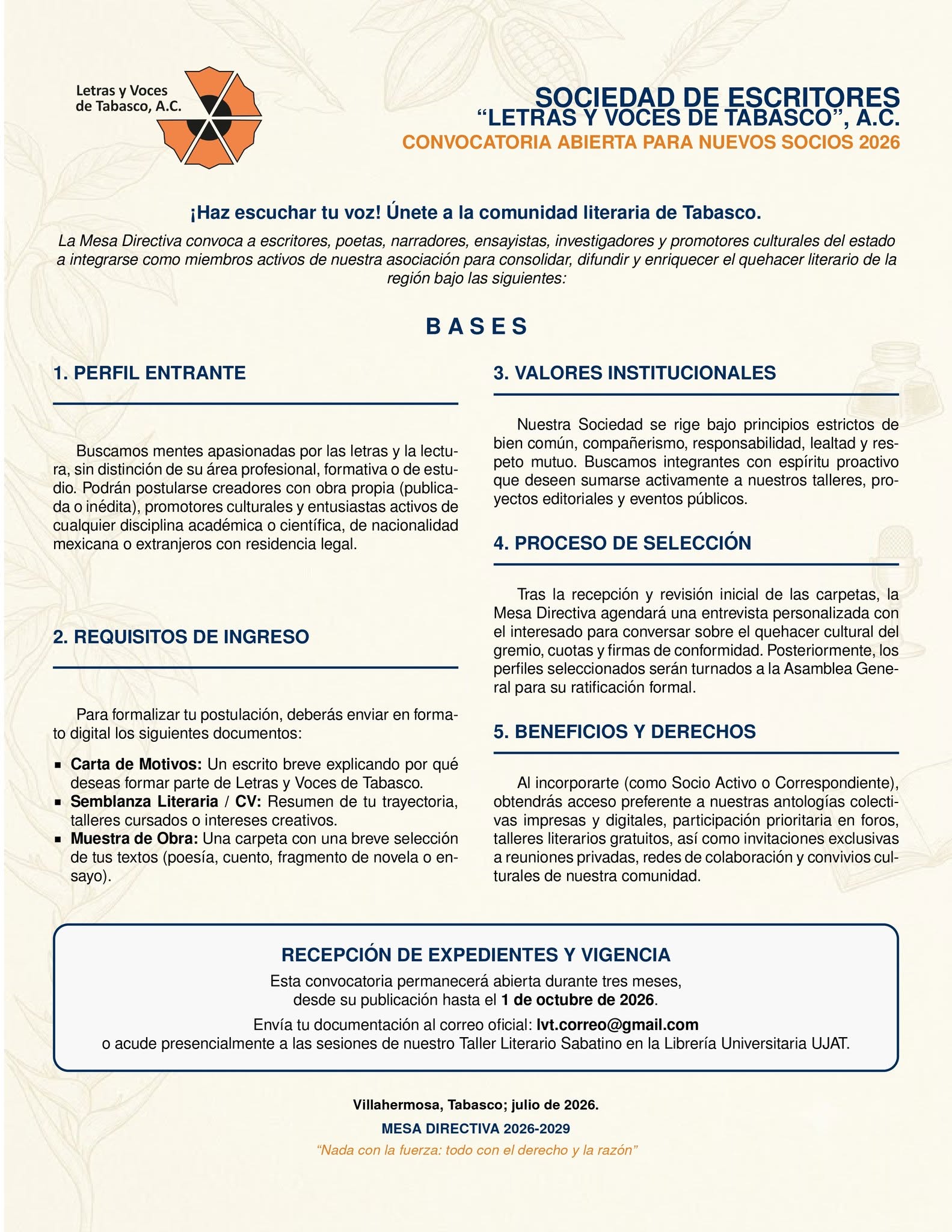 Convocatoria Abierta para Nuevos Socios 2026 - Letras y Voces de Tabasco, A.C.